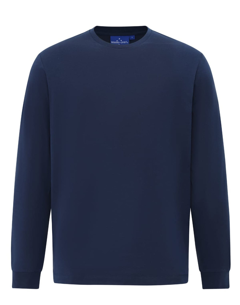 A navy long-sleeved men's cotton t-shirt with a round neckline and a branding label inside.