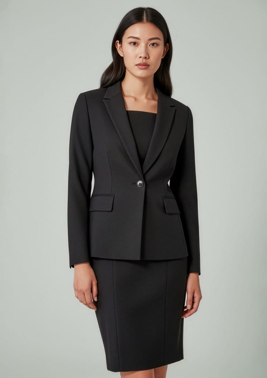A black two-piece suit featuring a tailored blazer and fitted skirt, with a minimalistic design and a logo.