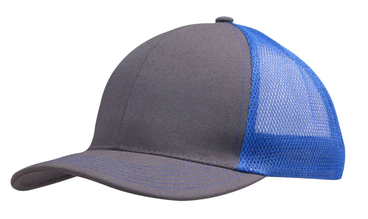 A grey cap with a blue mesh back and a curved brim, featuring a logo on the front.