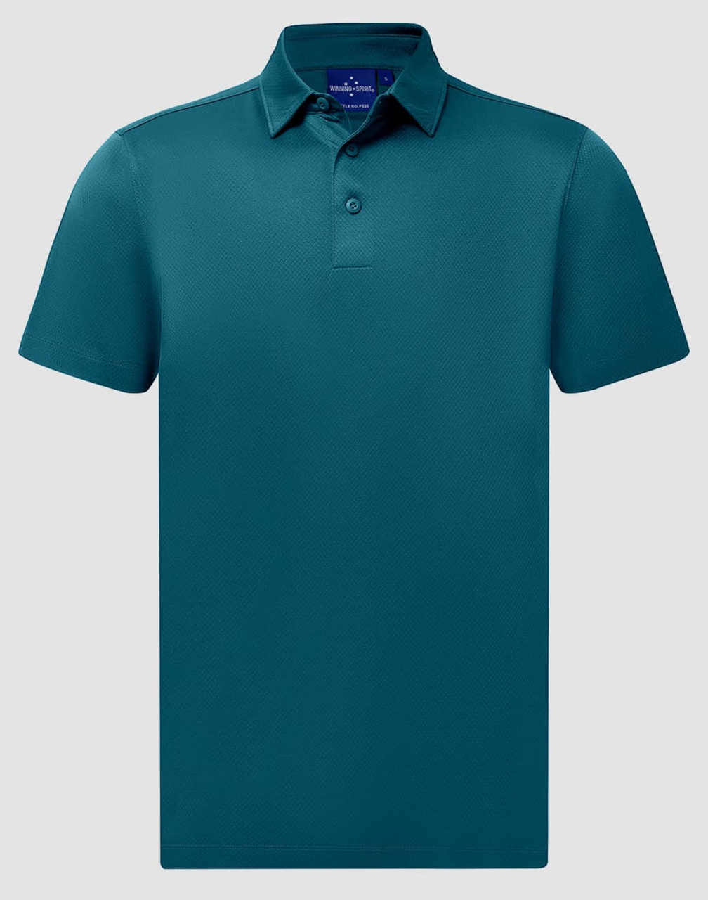 A teal men's sustainable jacquard knit short sleeve polo with a standard collar and one button placket.