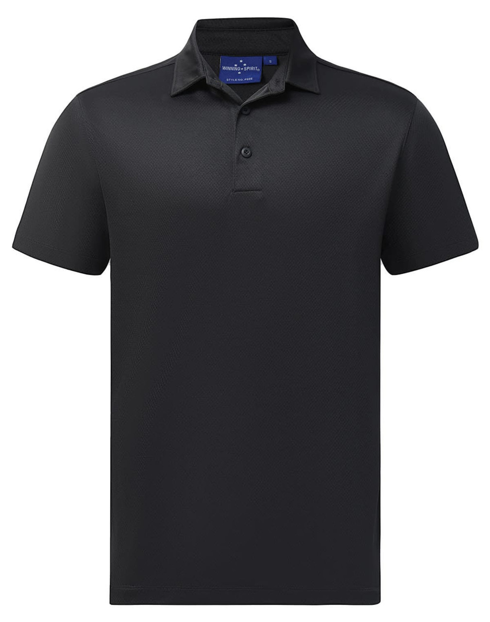 A black men's sustainable jacquard knit short-sleeve polo with a collar and three-button placket, featuring a logo.