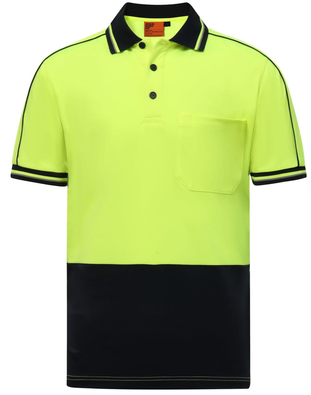 A high-visibility short-sleeved polo in bright yellow with a navy blue bottom and a chest pocket. It features a logo.