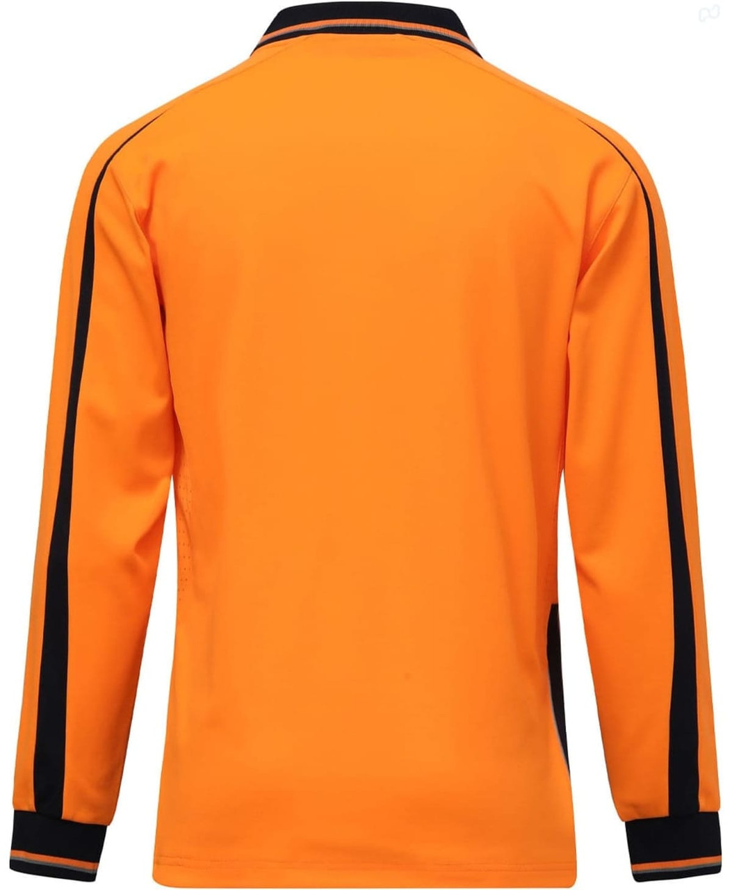 An orange long-sleeve polo shirt with black trim and a logo on the front.