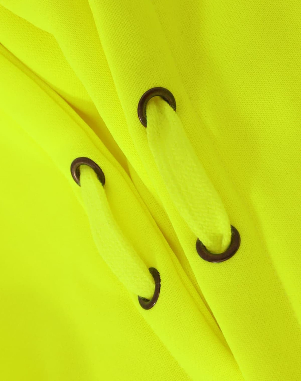 A close-up of a high-visibility yellow fleece hoodie featuring black eyelets for the drawstrings.