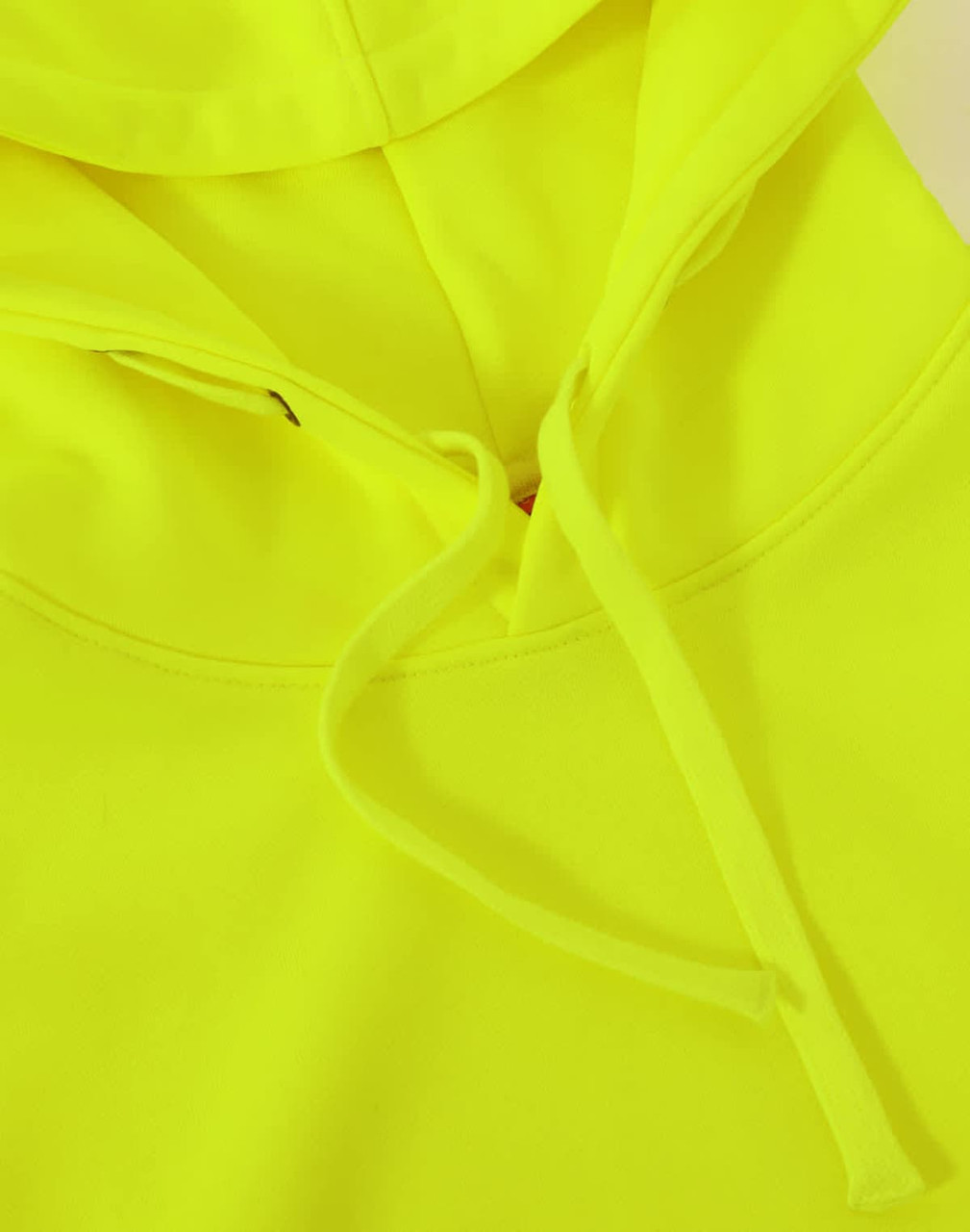 A bright yellow two-tone water-resistant fleece hoodie with a drawstring hood. Features a logo.