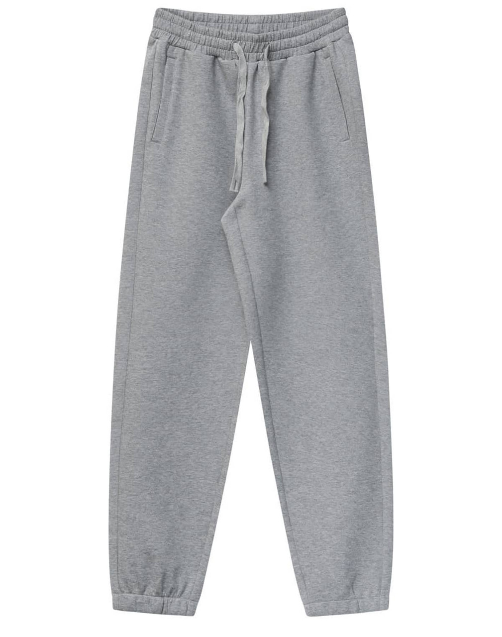 Grey unisex sweatpants with a drawstring waist and pockets, featuring a logo.
