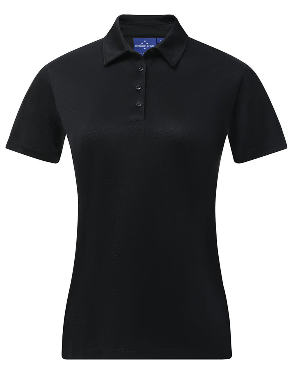 A black ladies' sustainable jacquard knit short-sleeve polo featuring a classic collar and button placket.