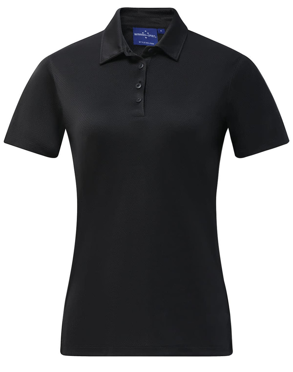 A black ladies' short-sleeve polo shirt with a collared neckline and a logo on the chest.