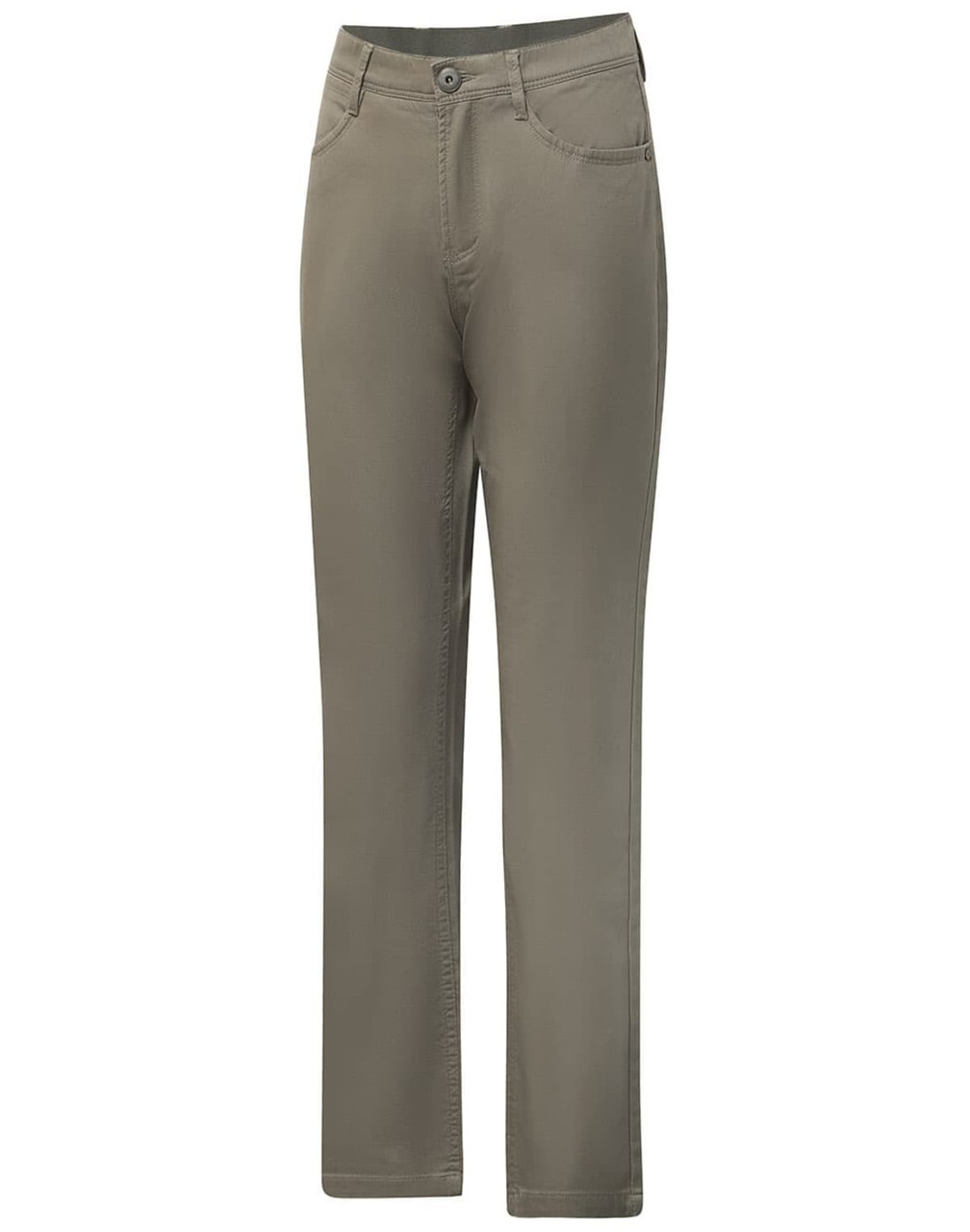 Men's flexi chino pants in a muted olive green, featuring a classic jean style with a logo on the waistband.