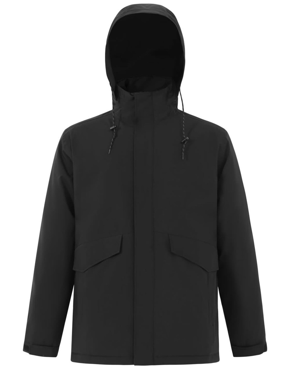 A black unisex quilted waterproof jacket with a hood and two front pockets, featuring a logo.