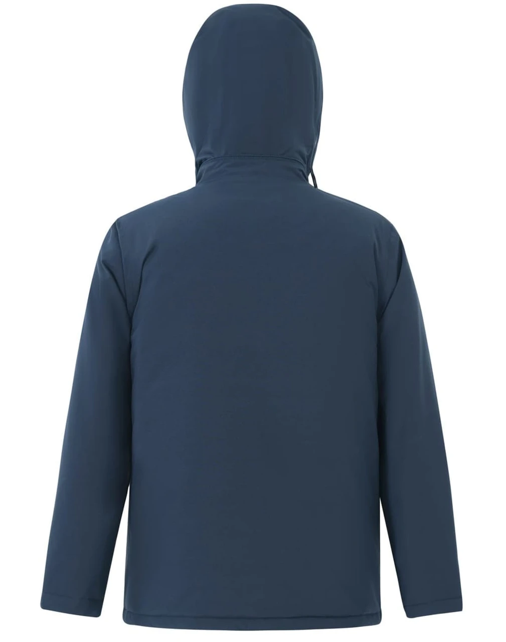 A navy unisex quilted waterproof jacket with a hood, featuring a simple design and no visible branding.