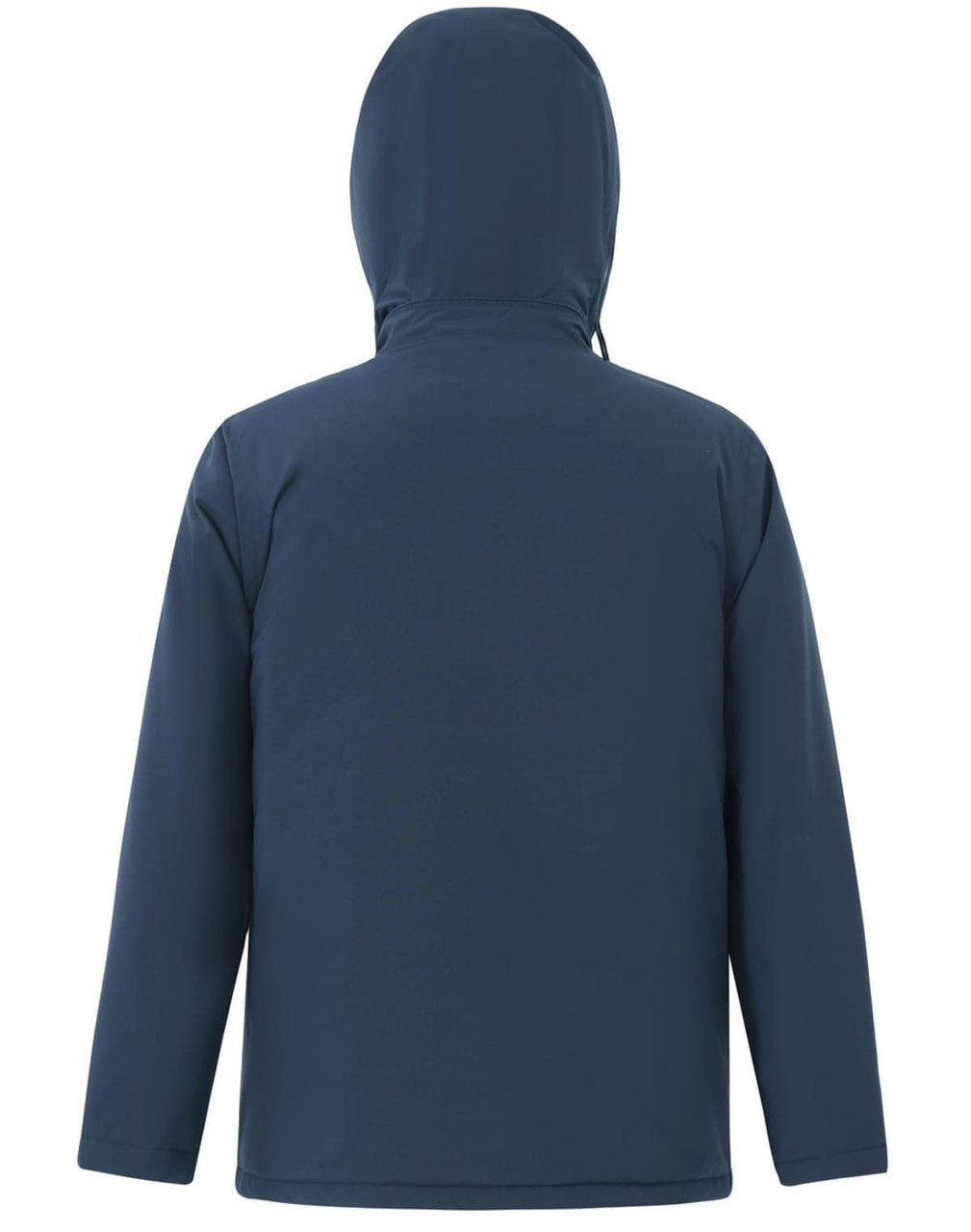 A navy unisex quilted waterproof jacket with a hood, featuring a simple design and no visible branding.