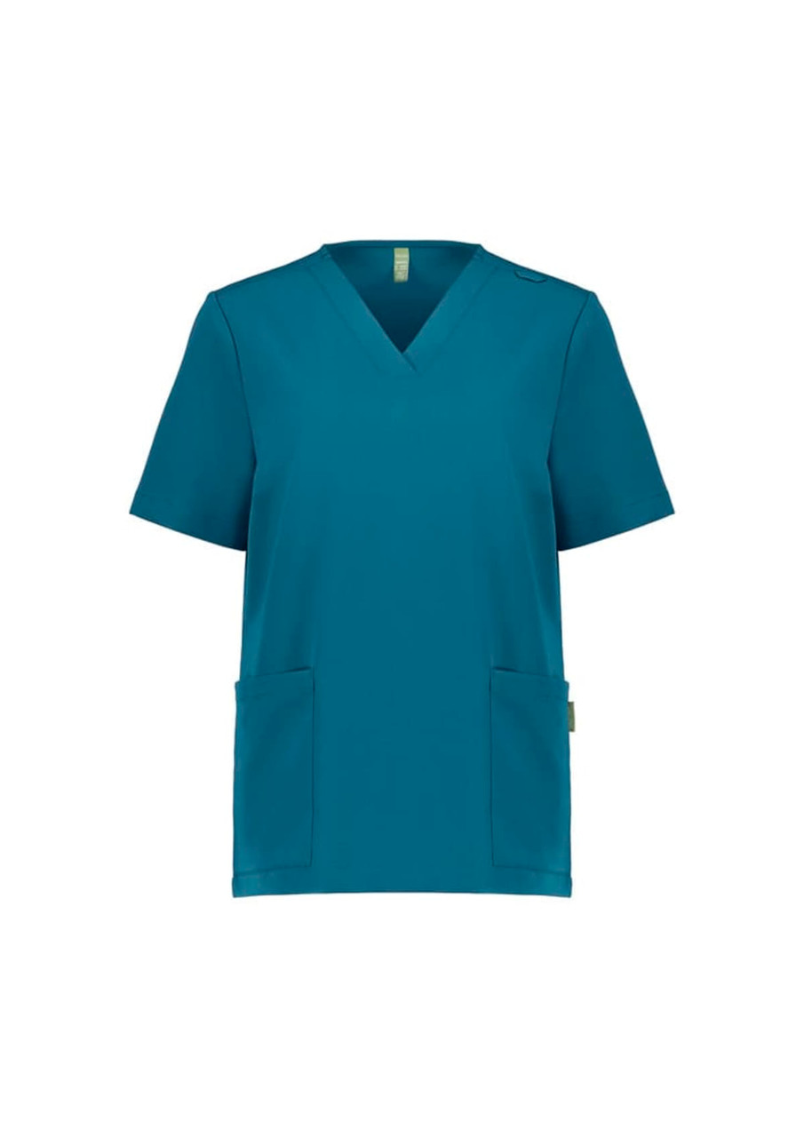 A teal women's V-neck scrub top with short sleeves and two front pockets. The top features a logo.