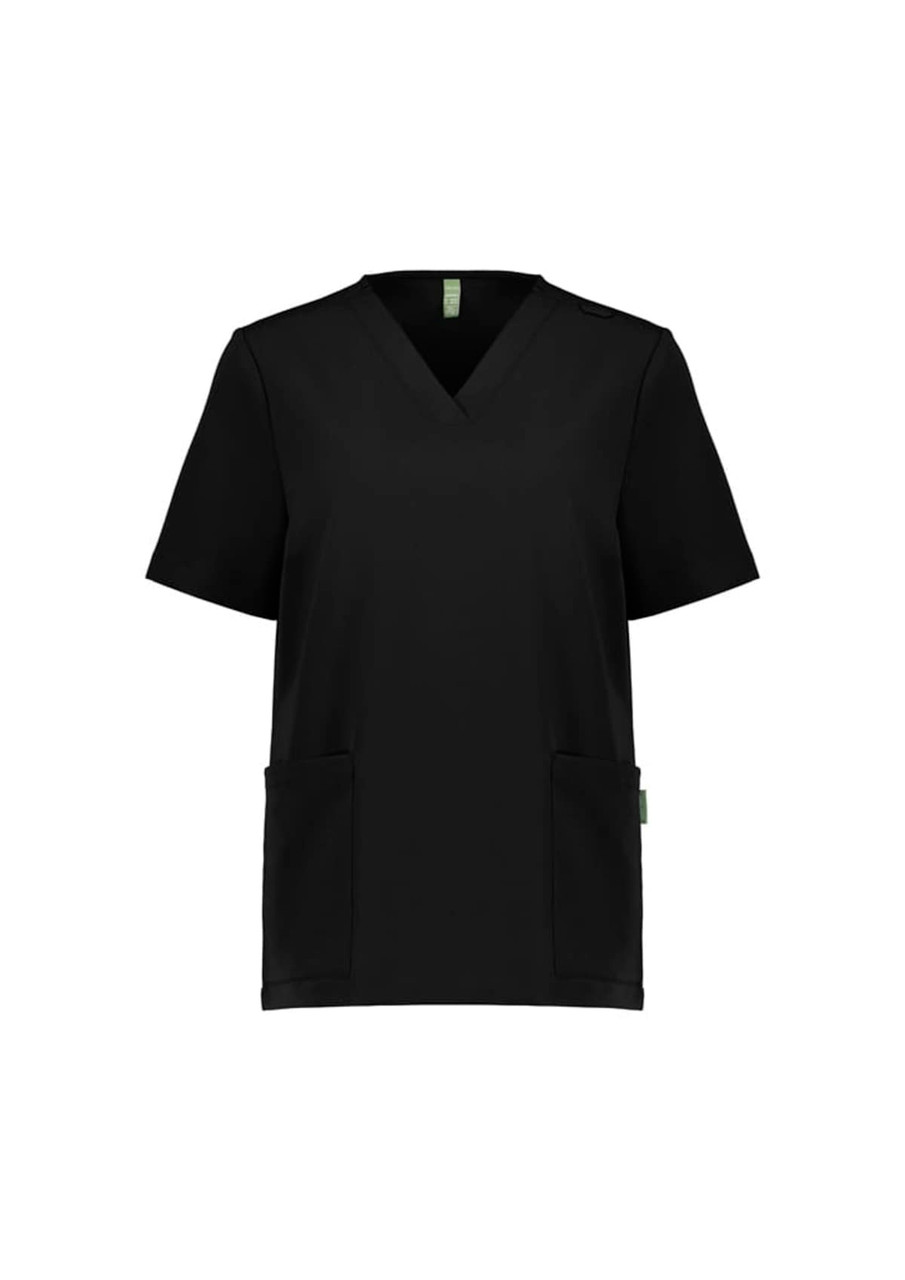 A black women's V-neck scrub top with short sleeves and two front pockets. It features a branding logo.