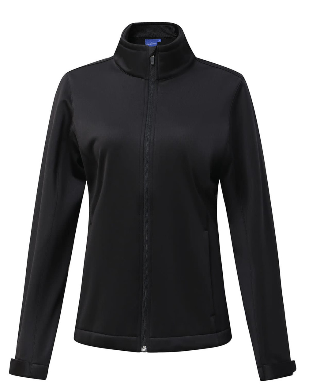 A softshell corporate jacket for ladies in black, featuring a zip front and a collar. It has a logo.