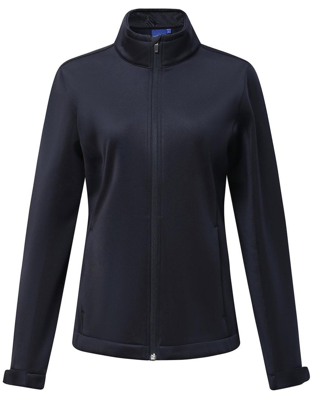 A dark navy softshell corporate jacket for ladies, featuring a zip front and a collar, with side pockets.