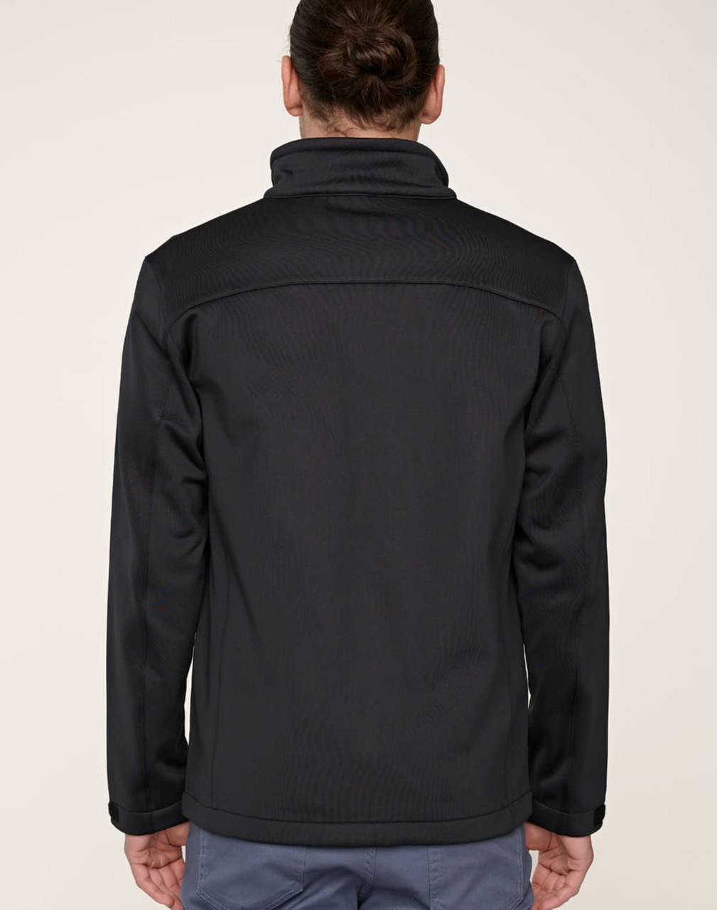 A men's sustainable softshell corporate jacket in black, featuring a collar and a simple, sleek design.