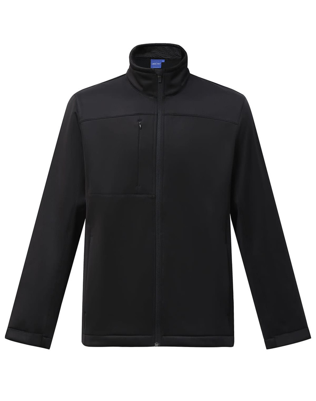 A black men's sustainable softshell jacket with a standing collar and a zip pocket on the front. Features branding.