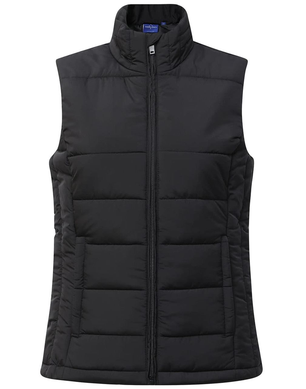 A black ladies' sustainable insulated puffer vest with a full zip and a collared neckline. It features a logo.