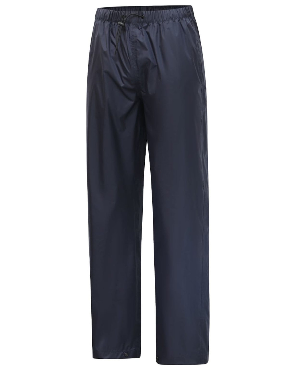 Lightweight nylon waterproof rain pants in navy blue with an elastic waistband and a smooth finish.