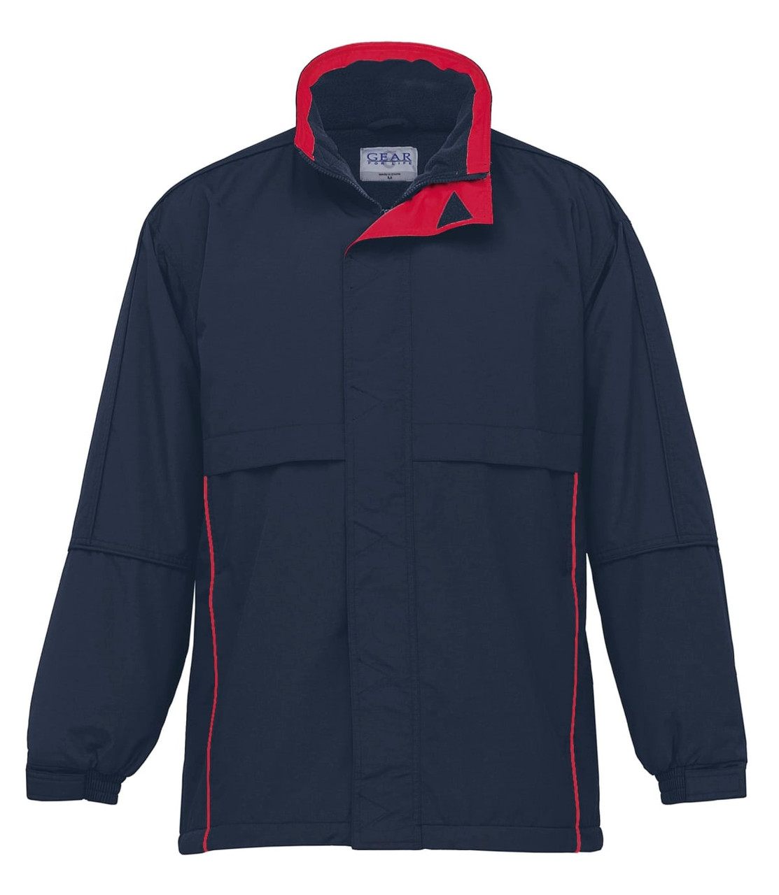 A navy and red rain jacket featuring a zippered front and a logo on the chest.