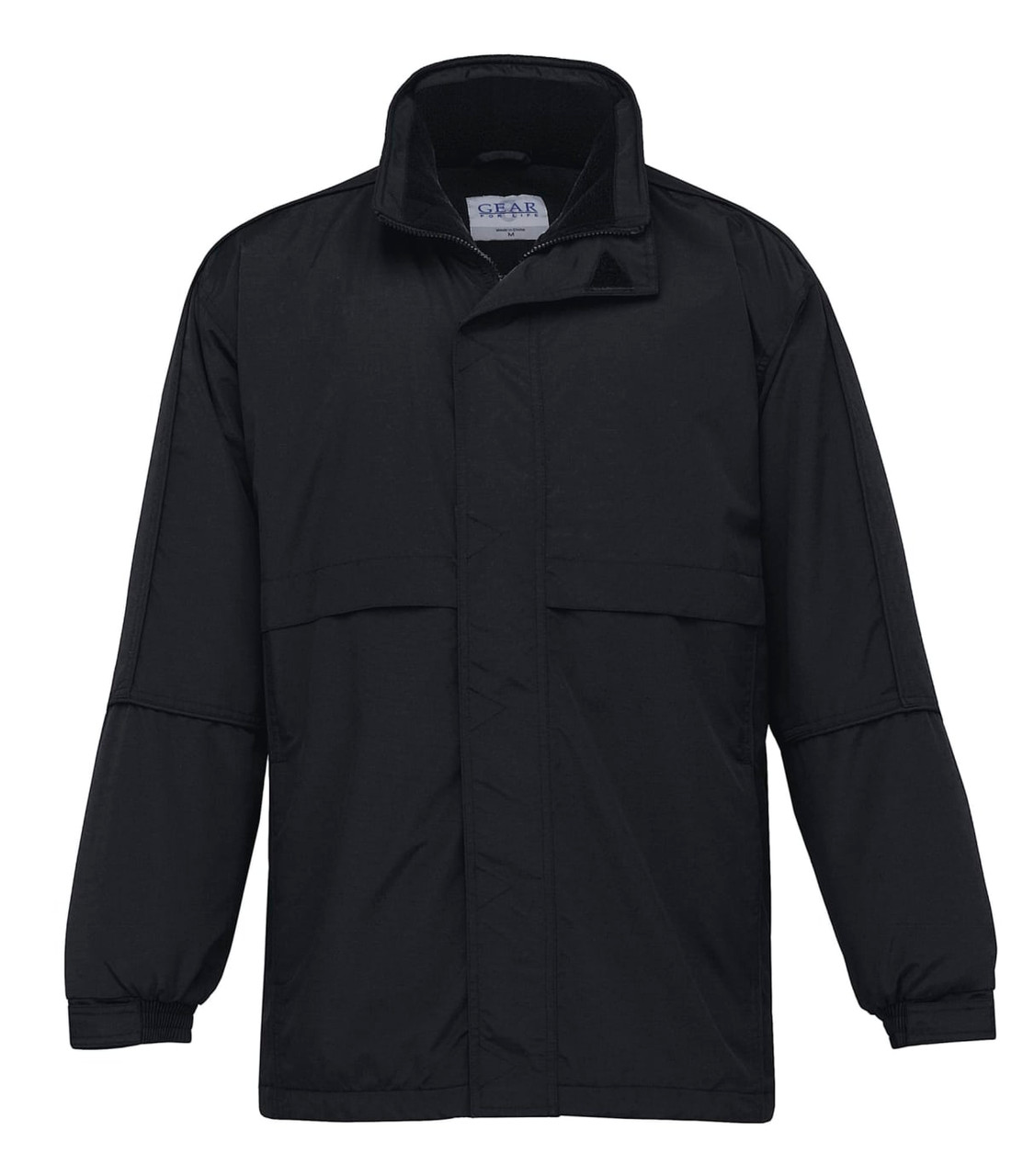 A black rain jacket with a collar, long sleeves, and two front pockets. Features a logo on the chest.