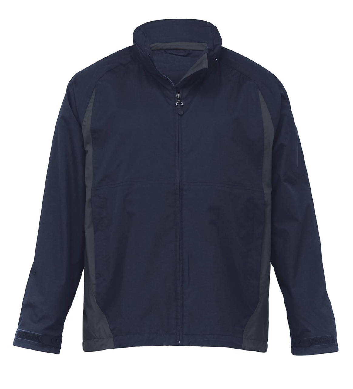 A navy jacket featuring a zip front and contrast panels, with a logo on the chest area.