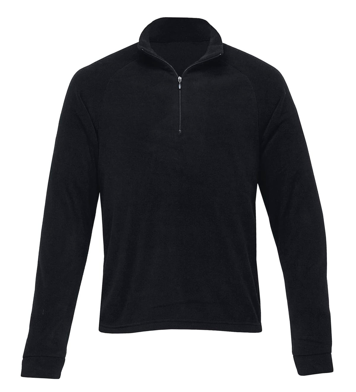 A black mid-layer jumper with a half zip and long sleeves, featuring a collar and a smooth texture.
