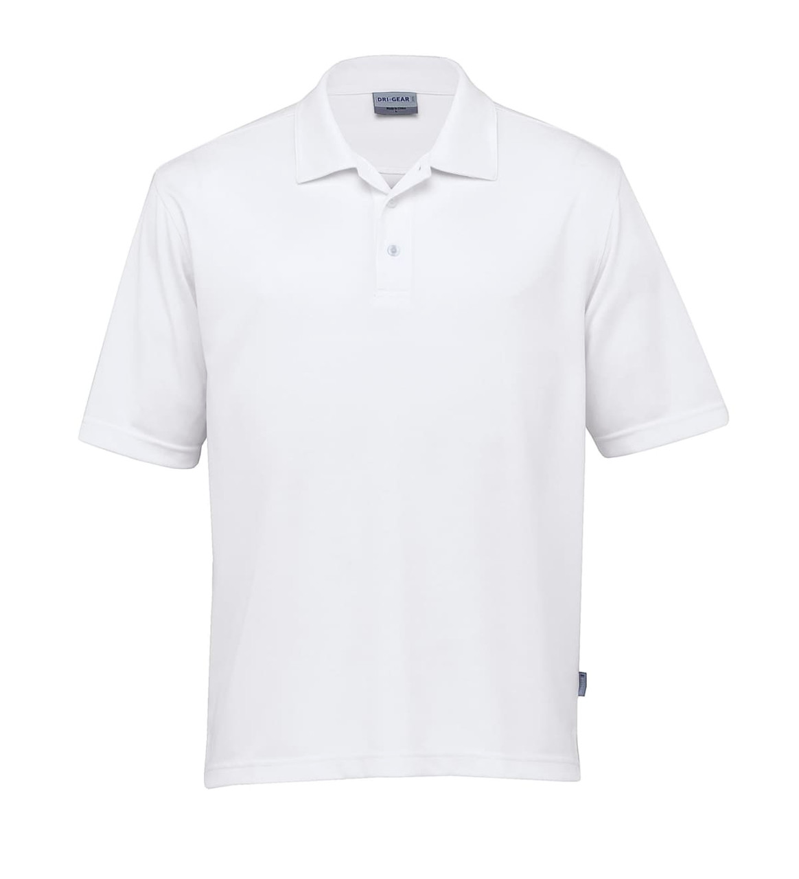 A white polo shirt featuring a collar and short sleeves, with a logo on the side.