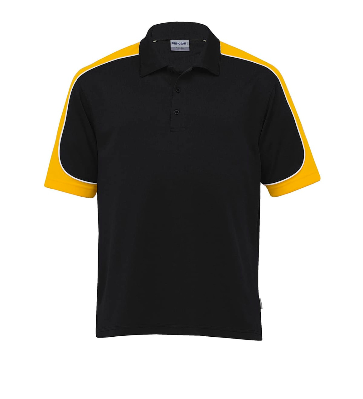 A black polo shirt with yellow sleeves and white piping, featuring a logo on the chest area.