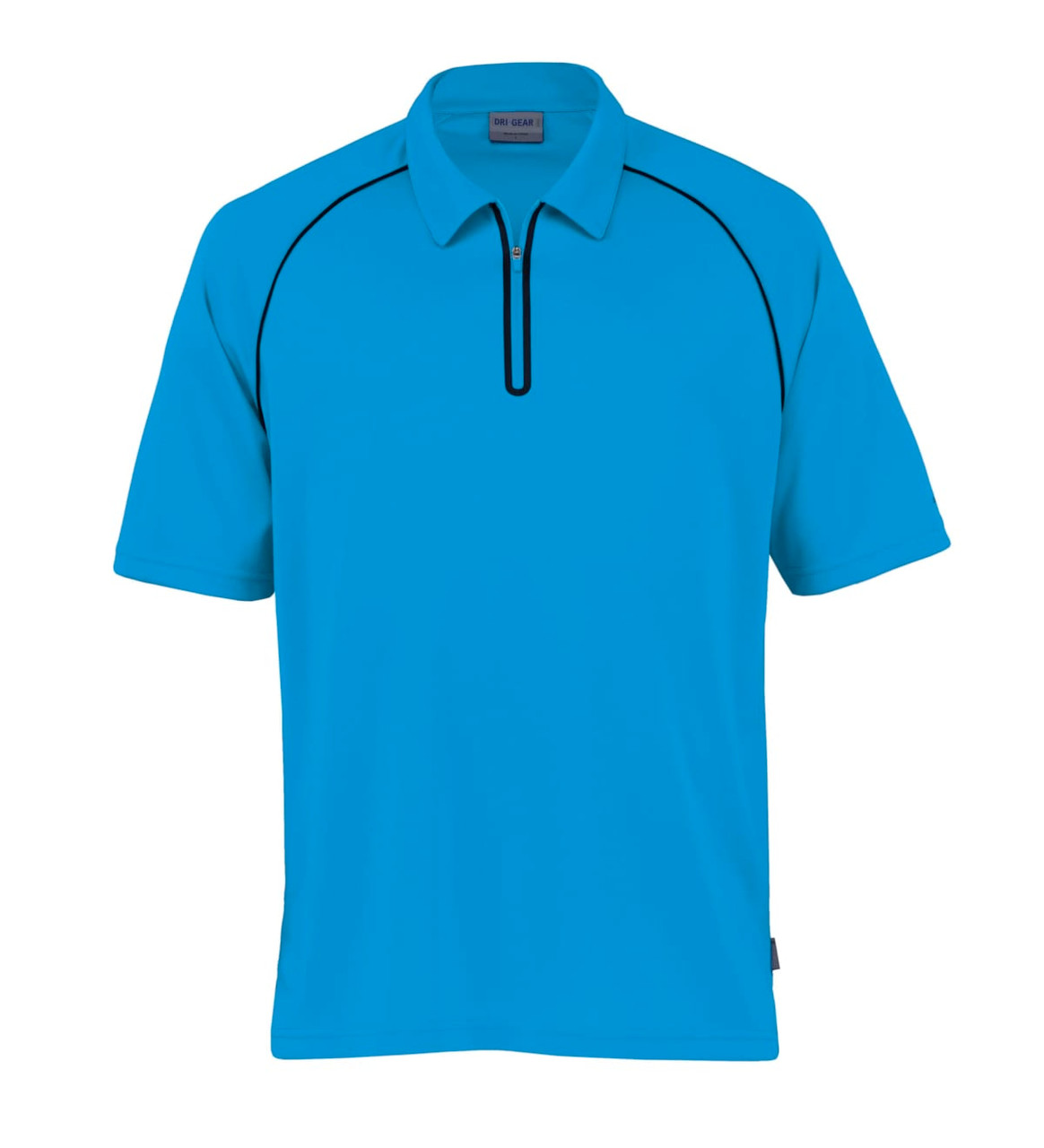 A blue polo shirt with a quarter zip and contrasting black piping, featuring a logo on the collar.
