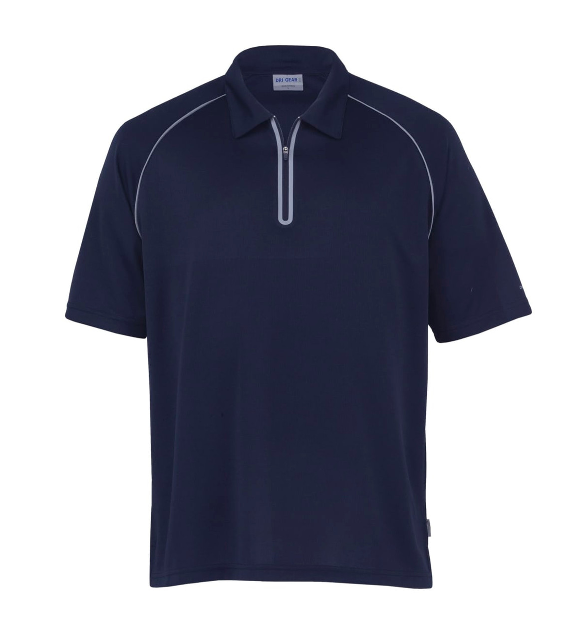 A navy polo shirt with a zip neck and contrasting trim, featuring a logo on the side.