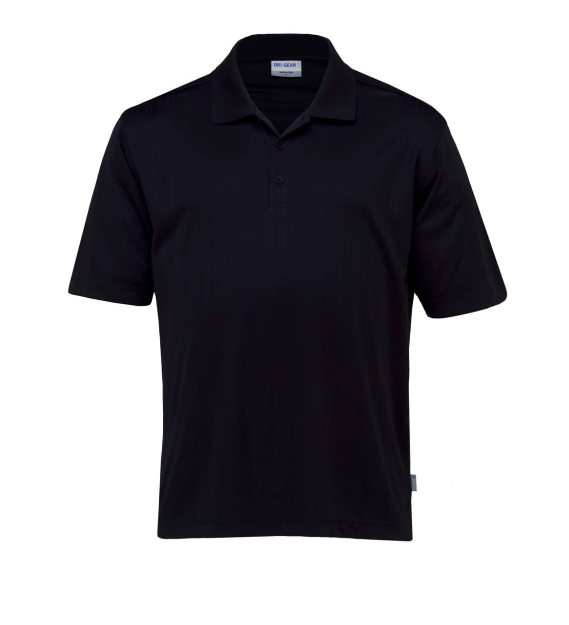 A black men's polo shirt featuring a collar, short sleeves, and a logo on the label.