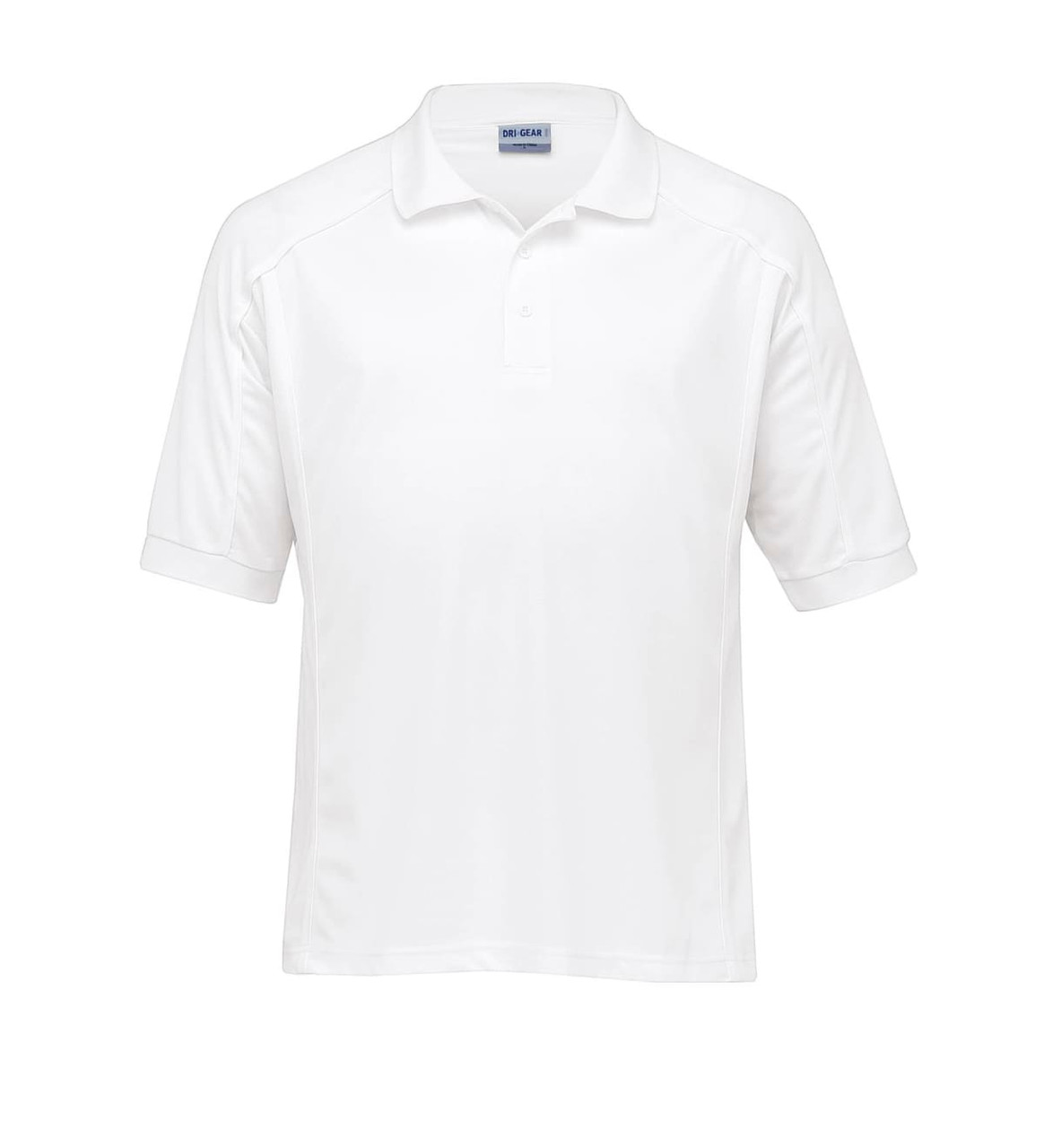 A white polo shirt featuring short sleeves and a collar, with a logo on the chest area.