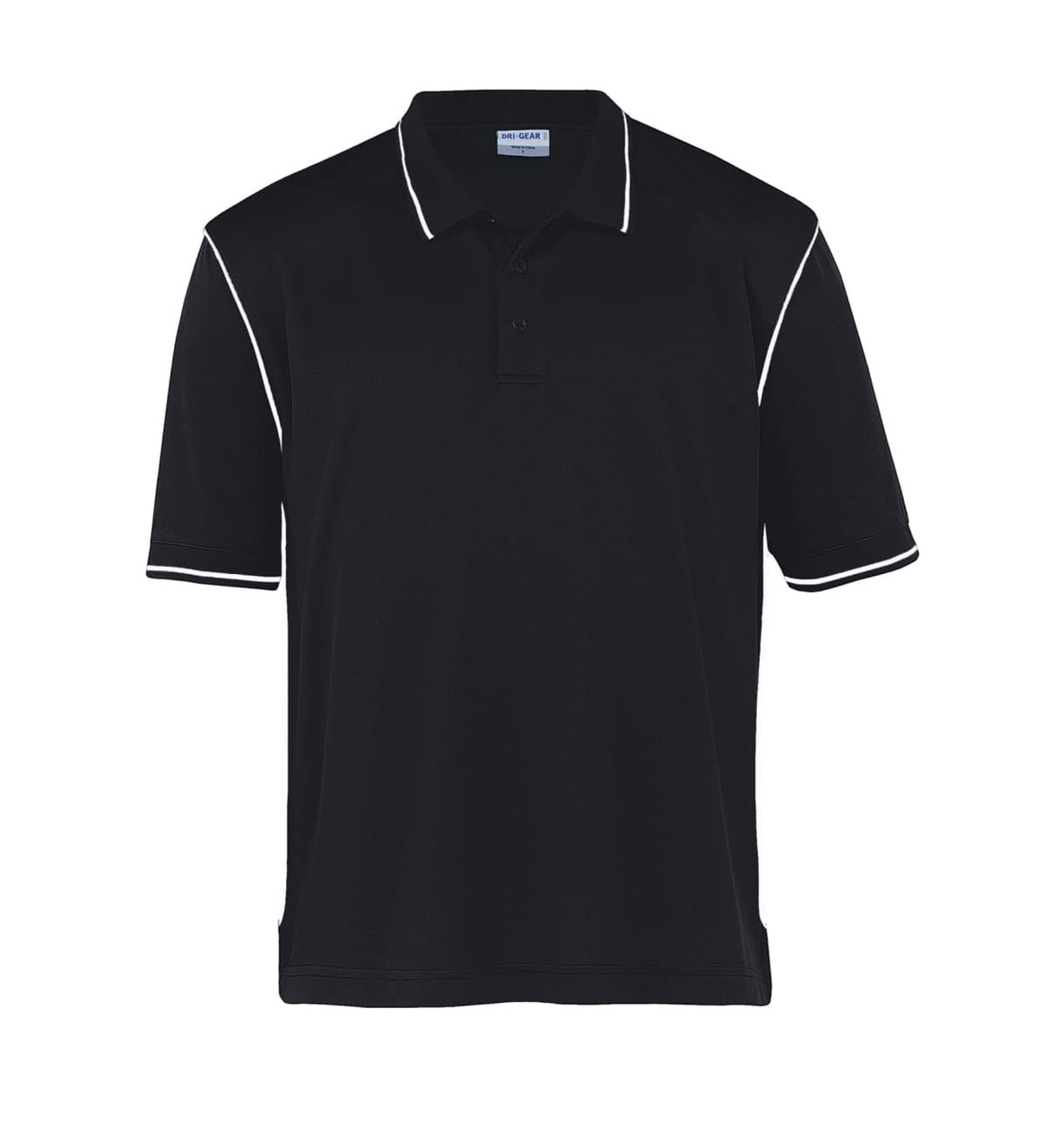 A black polo shirt with white piping, featuring a collar and short sleeves. It has a logo on the chest.