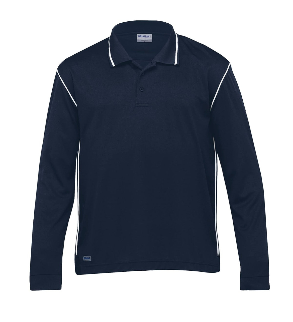 A navy long sleeve polo shirt with contrasting white piping and a logo on the chest.