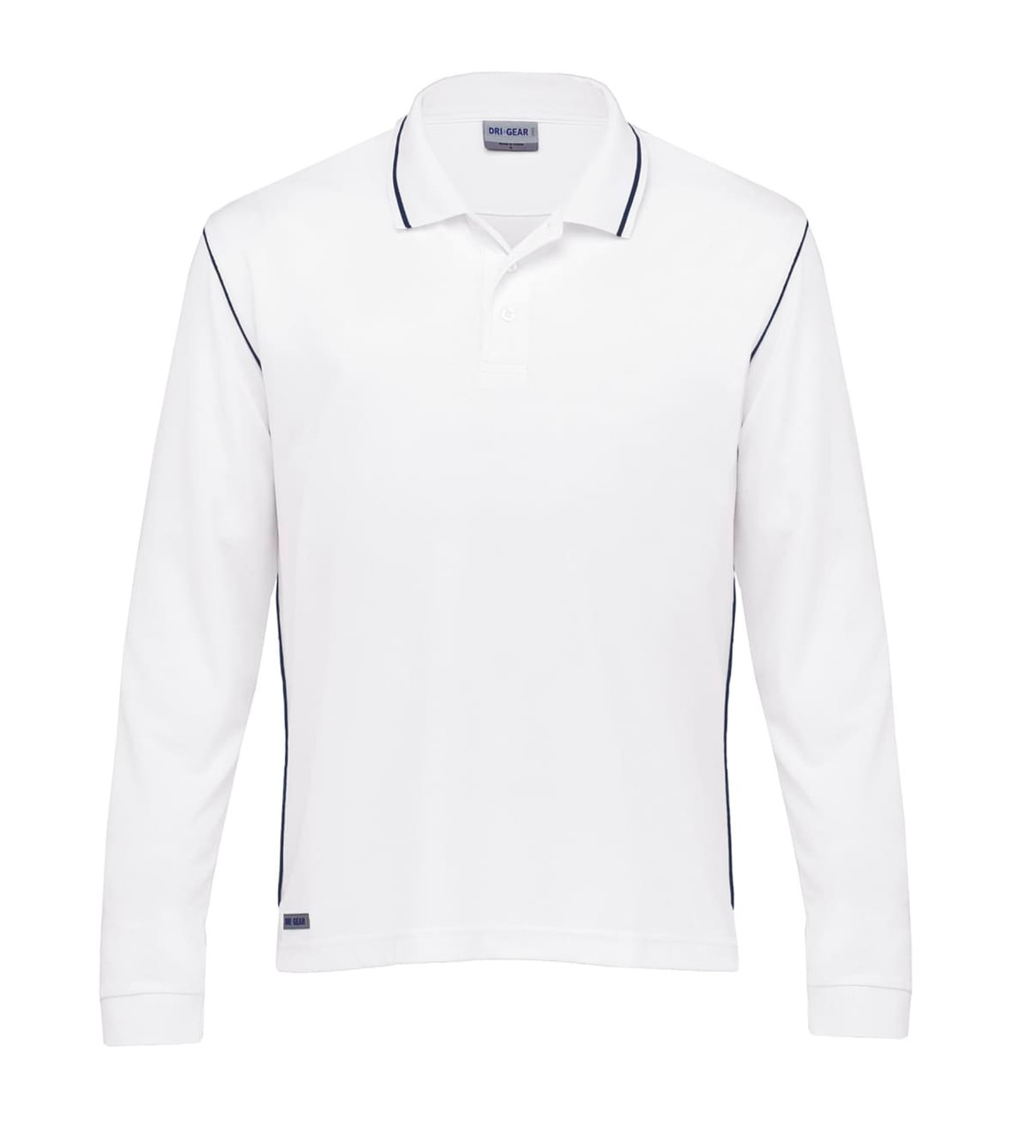 A long-sleeve white polo shirt with navy detailing and a logo on the hem. Suitable for casual wear.