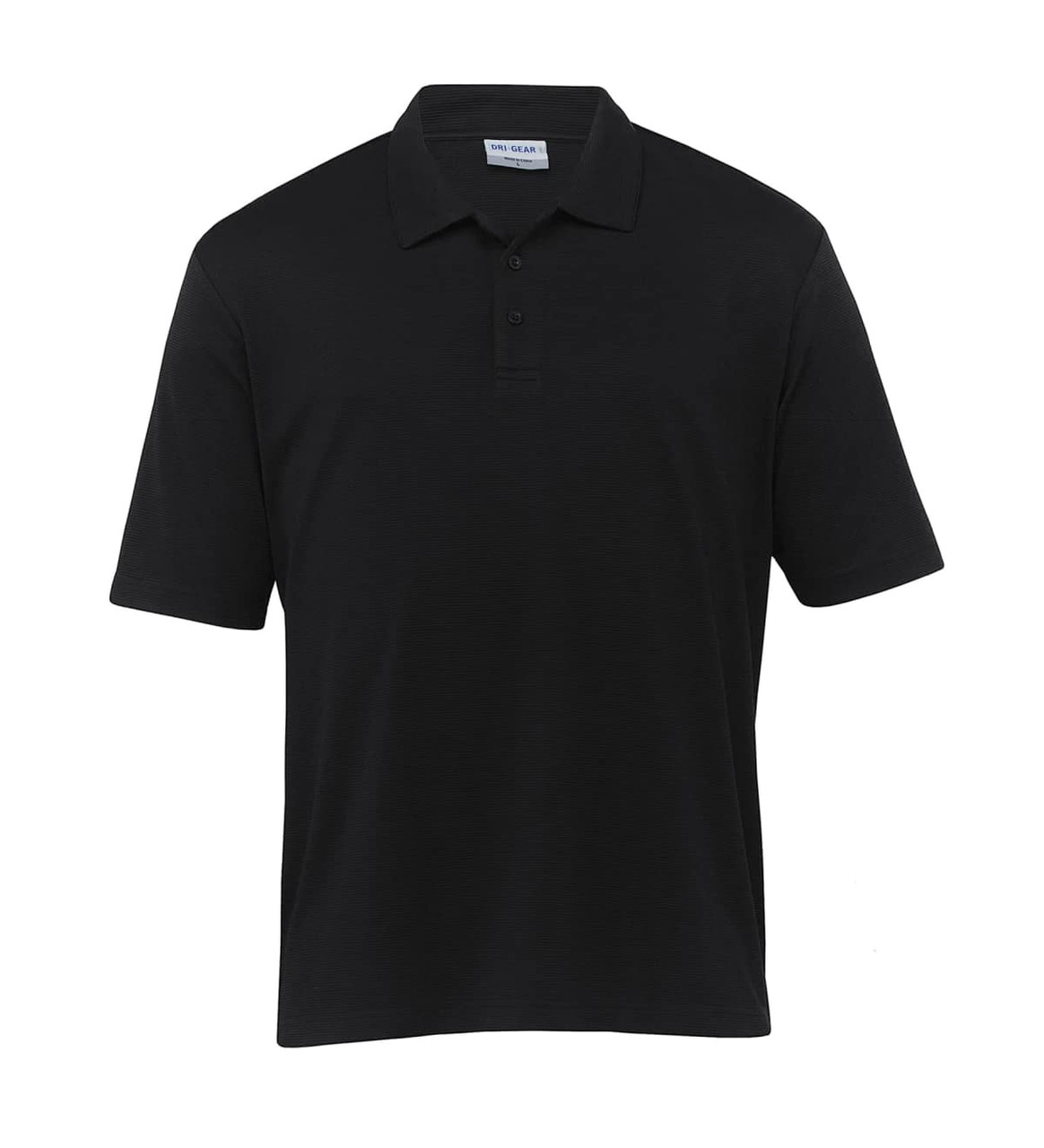 A black polo shirt with a collar and short sleeves, featuring a subtle branding logo.