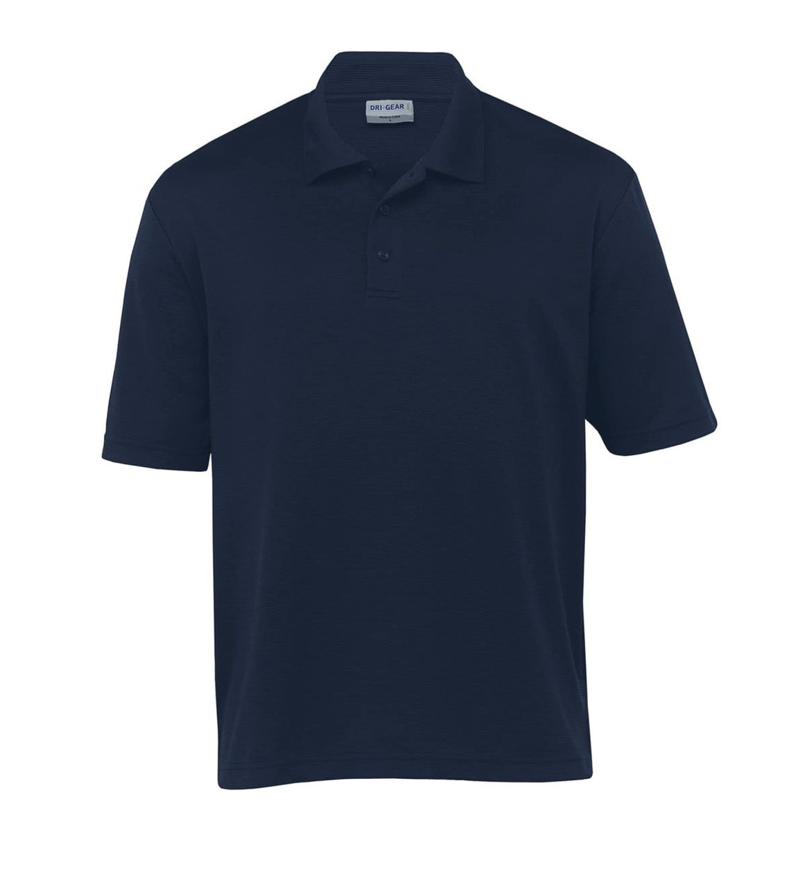 A navy blue polo shirt featuring a collar and short sleeves, with a logo on the chest.