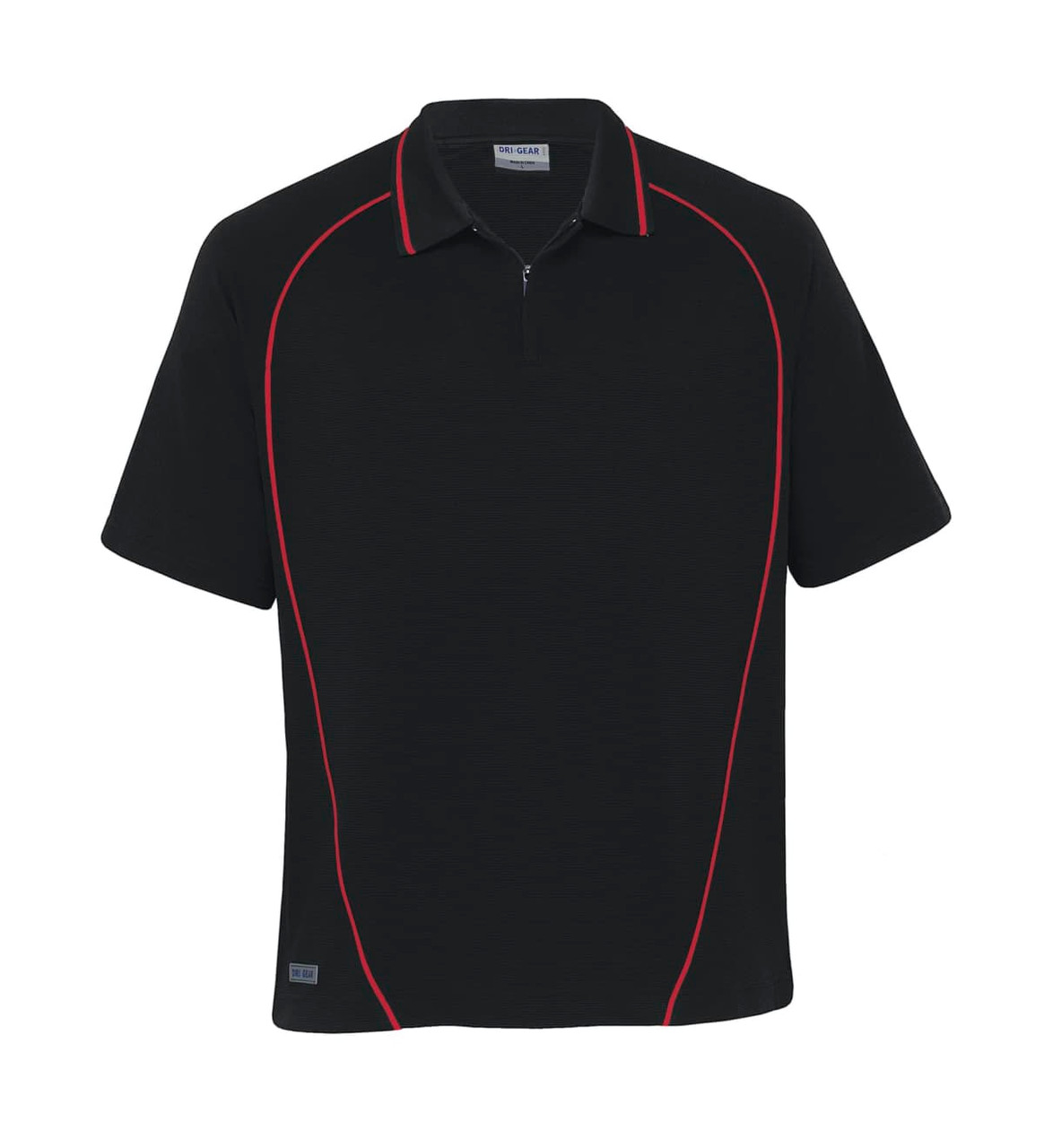 A black polo shirt with red piping and a collar, featuring a logo on the hem.