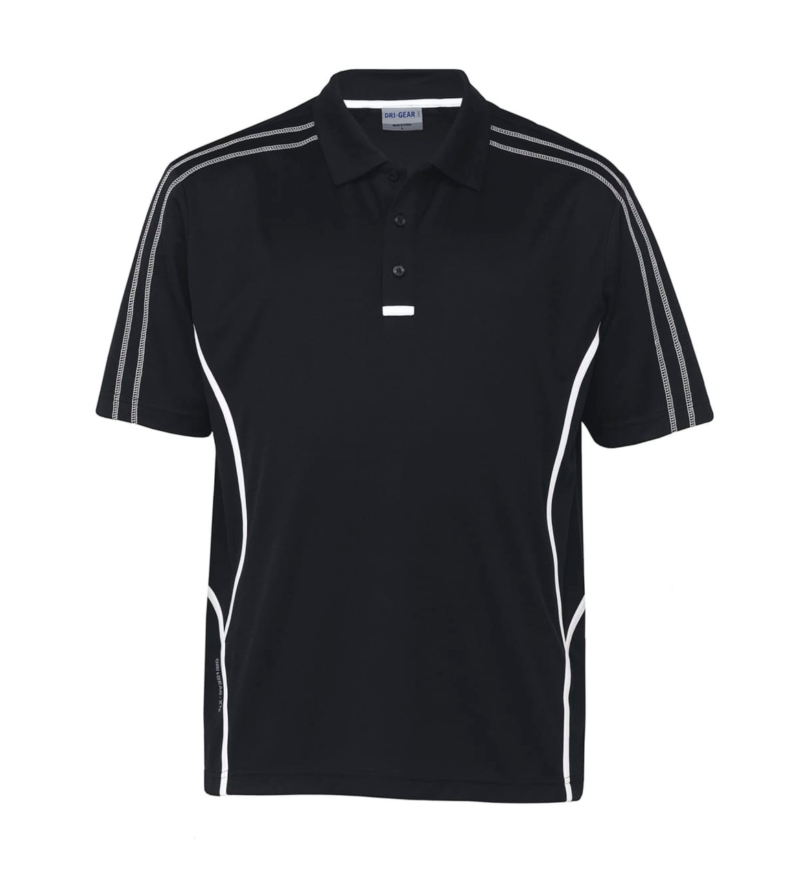 A black polo shirt featuring white accents and a logo on the chest, designed for youth.