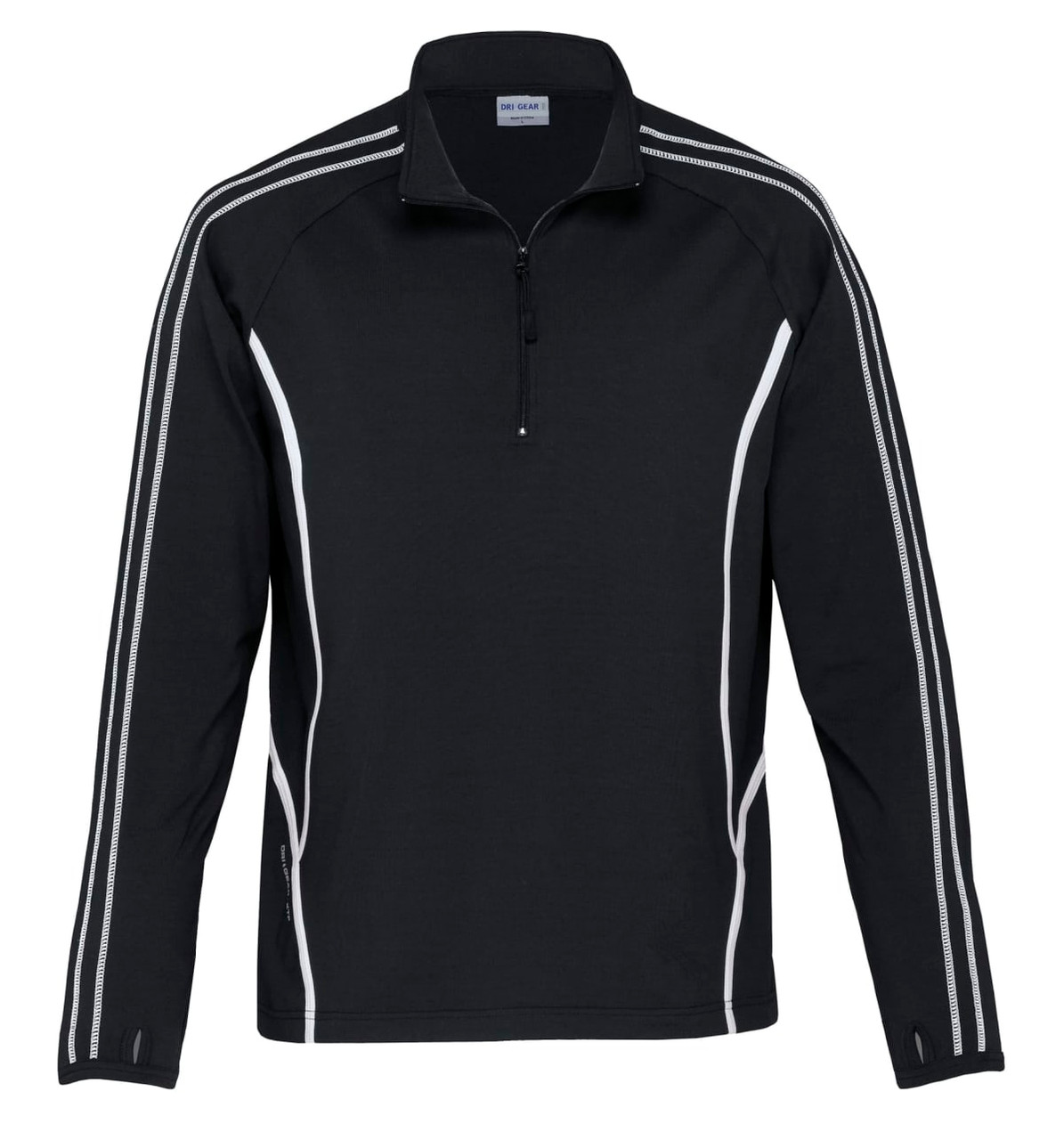 A black zip pullover featuring white side stripes and a quarter zip design, with a logo on the chest.
