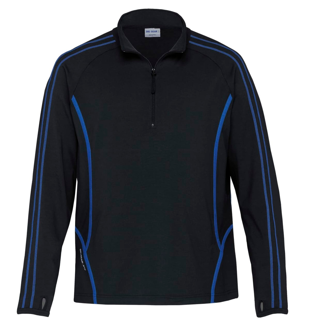 A black pullover with blue stripes, featuring a quarter zip and a logo. Suitable for youth wear.