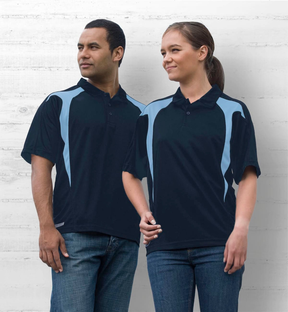A navy blue polo shirt with light blue spliced design, featuring a logo on the chest, displayed on male and female models.
