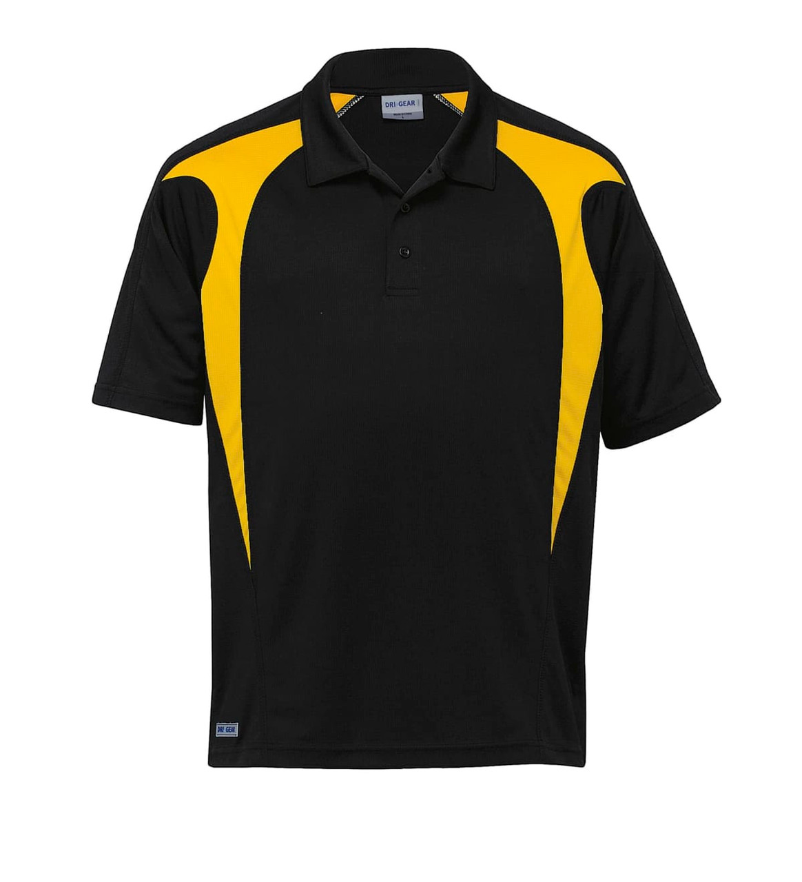 A black polo shirt with yellow spliced accents and a logo on the chest area. Suitable for casual wear or promotion.