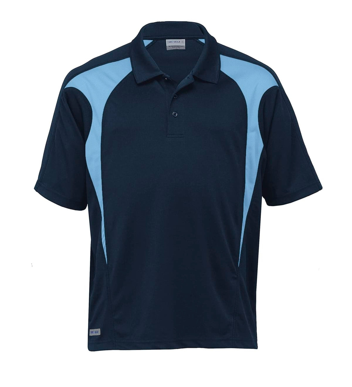 A navy and light blue polo shirt with short sleeves and a logo on the hem.