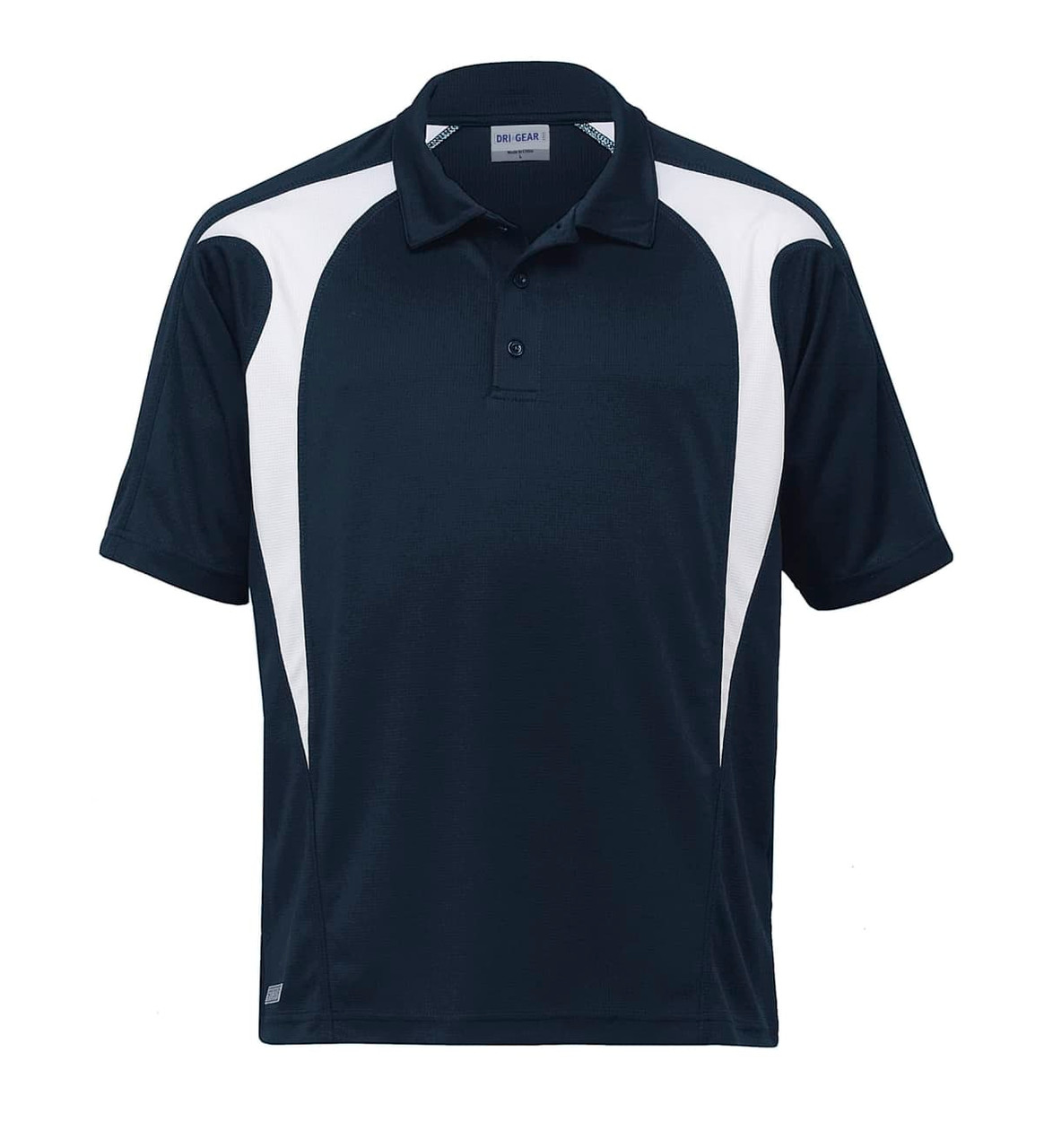 A navy and white polo shirt featuring a logo and a spliced design. Suitable for casual or sporting use.