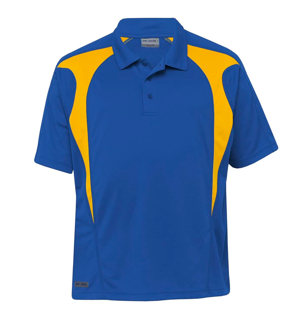 A blue polo shirt with yellow spliced design, featuring a collar and a logo on the front.
