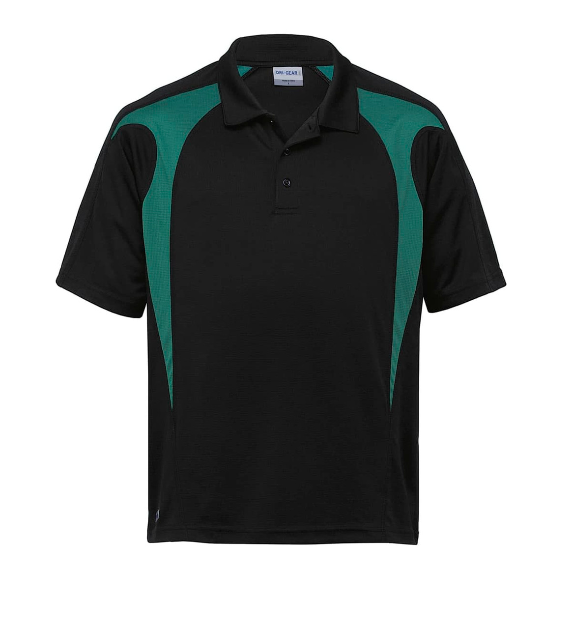 A black polo shirt with spliced green accents and a logo on the chest.