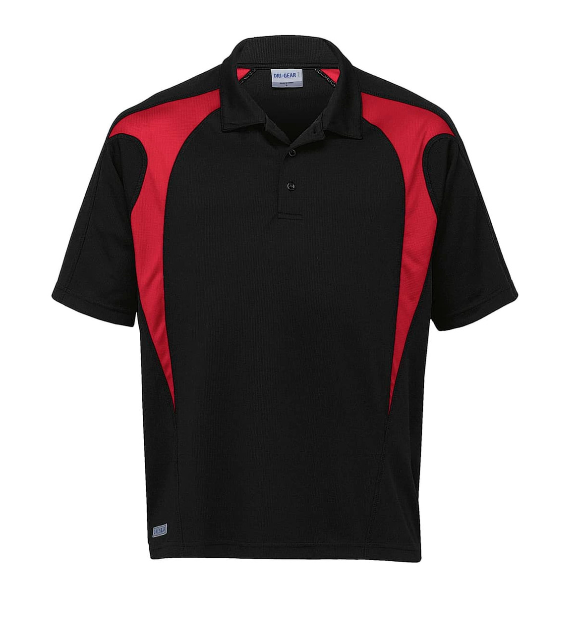 A black polo shirt with red spliced accents and a logo on the chest. Suitable for youth wear.